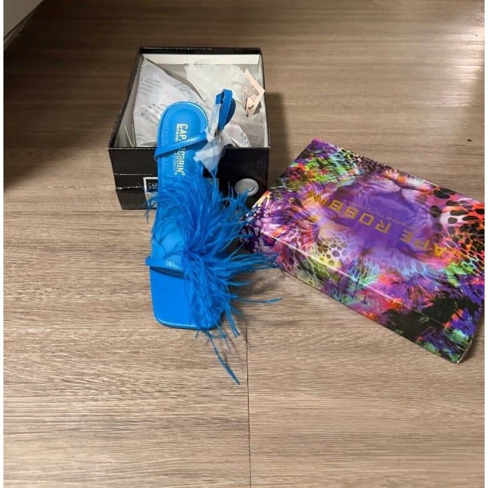 Cape Robbin Blue Feather Heels Stiletto Strappy Sandals